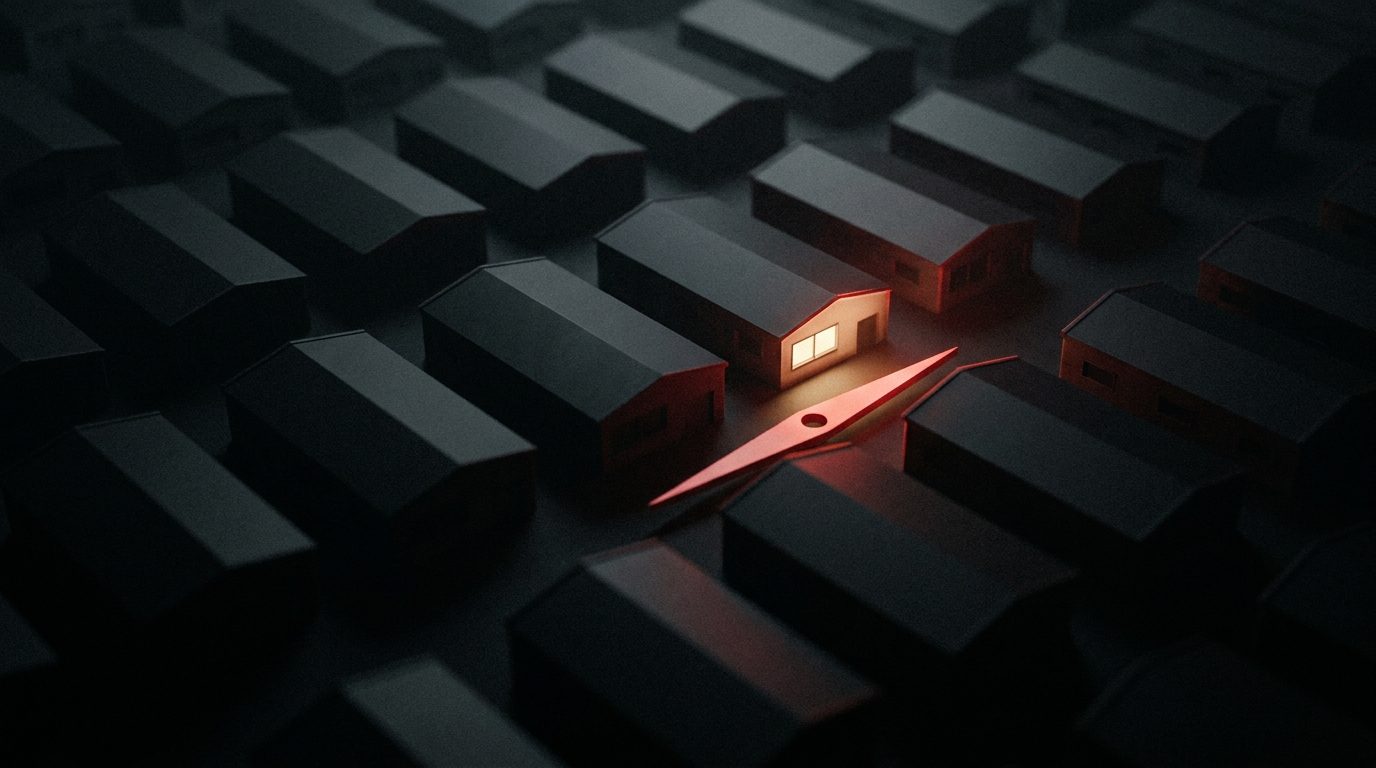 A single glowing red compass needle pointing toward a small lit shop amid a dark grid of identical buildings