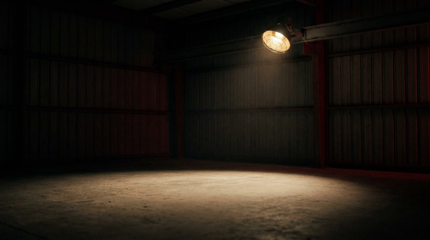 A single lit floodlight switched on in an otherwise dark garage bay, casting one bright circle on the concrete floor