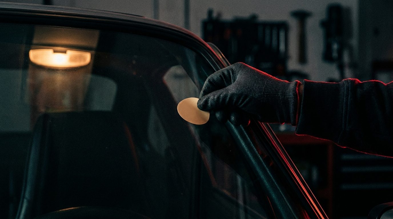 A gloved hand pressing a small round blank service reminder sticker onto the inside corner of a car windshield, warm interior light