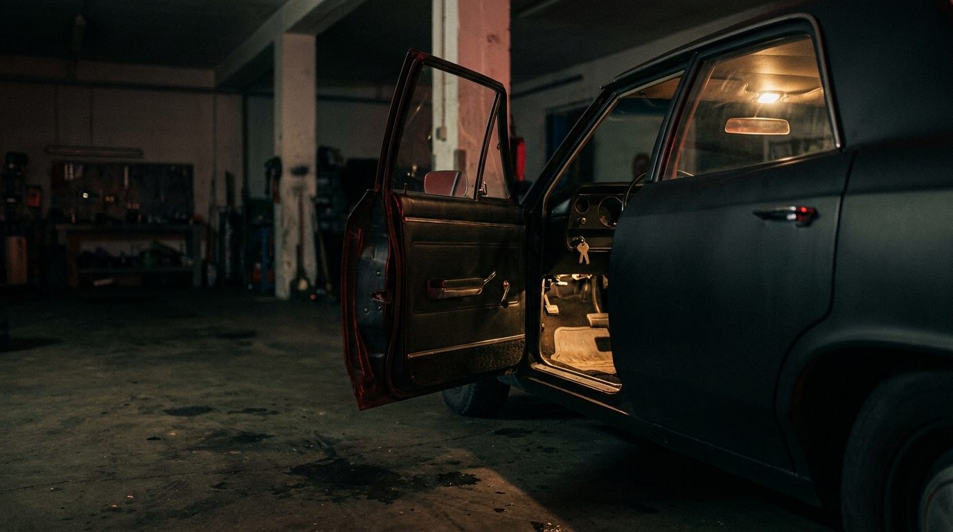 An open car door in a dark garage bay, warm interior dome light spilling onto the concrete floor, keys left in the ignition