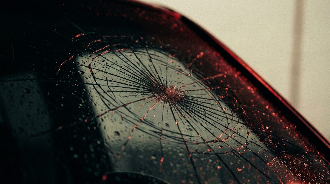Close-up of a single crack radiating across dark windshield glass with rain droplets and red rim light, no markings or text visible