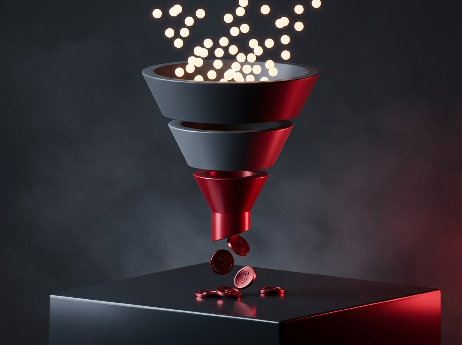 A charcoal and red marketing funnel turning traffic into revenue